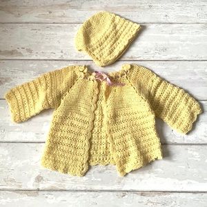 Vintage 1950s Crochet Baby Open Front Cardigan Sweater & Hat Yellow Handmade